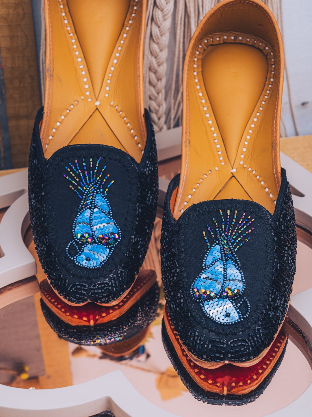 

NR By Nidhi Rathi Women Black & Blue Embellished Mojaris