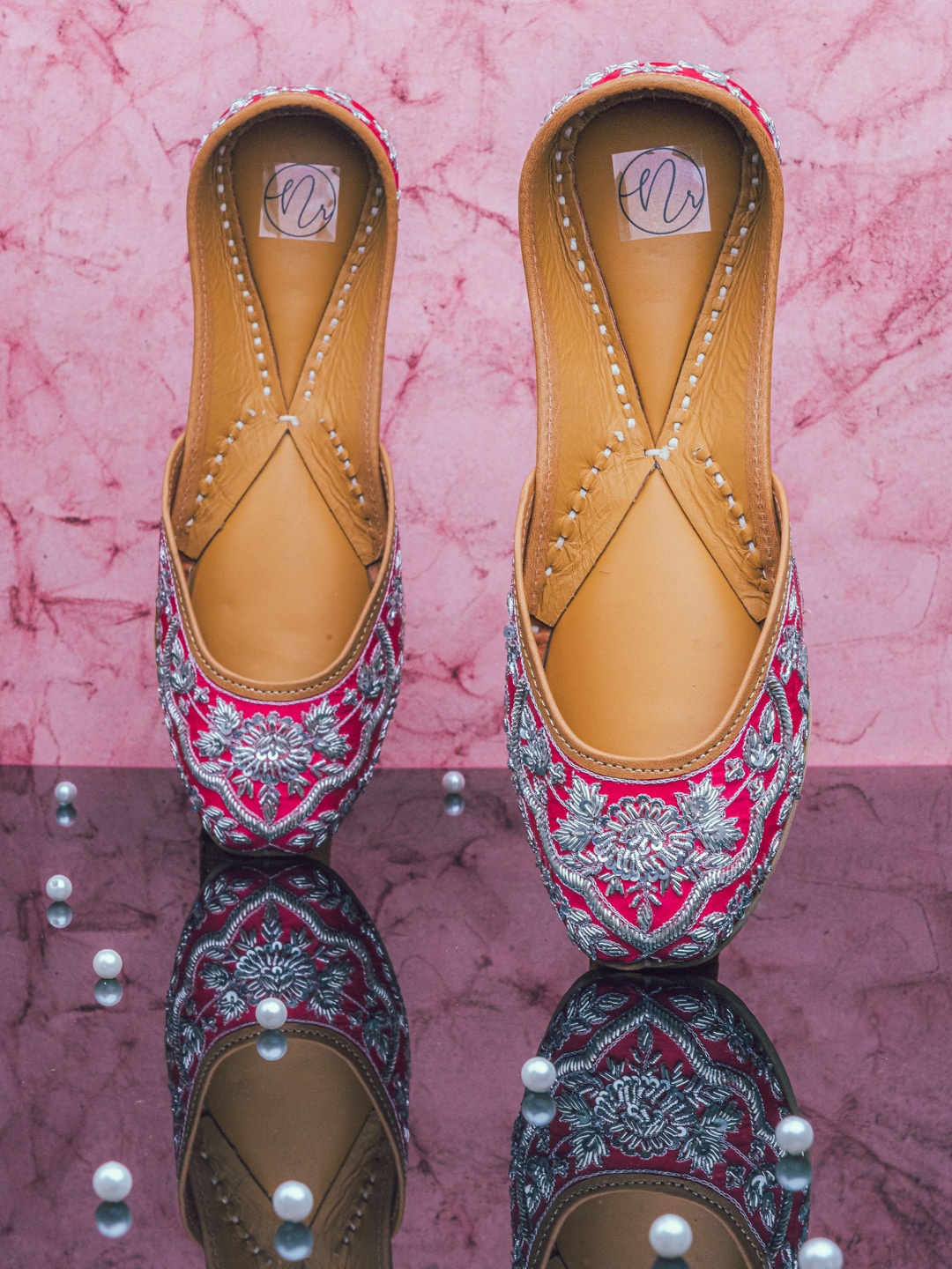 

NR By Nidhi Rathi Women Pink Hand Embroidered Mojaris Flats