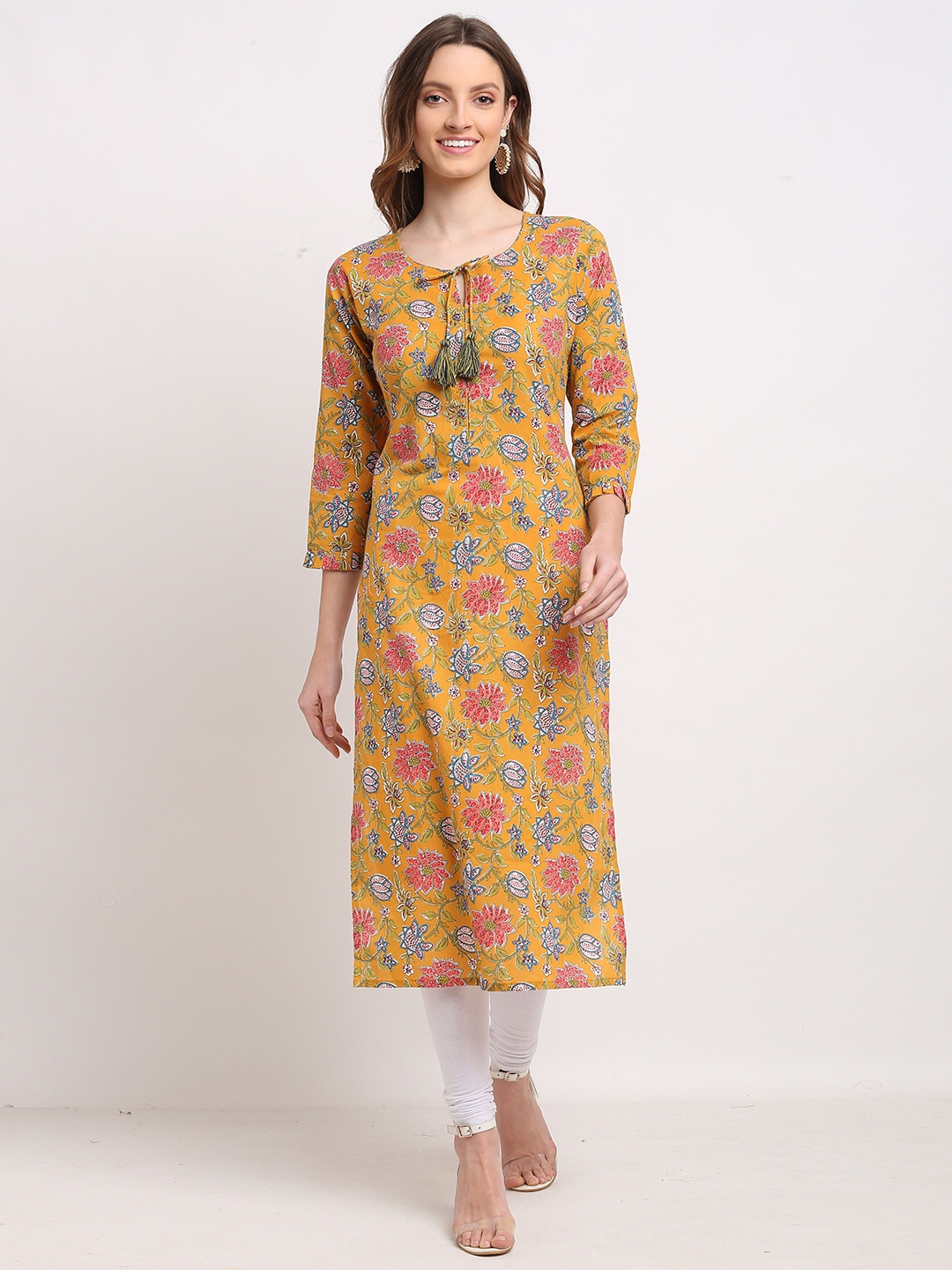 

Rajnandini Women Yellow & Pink Floral Printed Keyhole Neck Floral Kurta