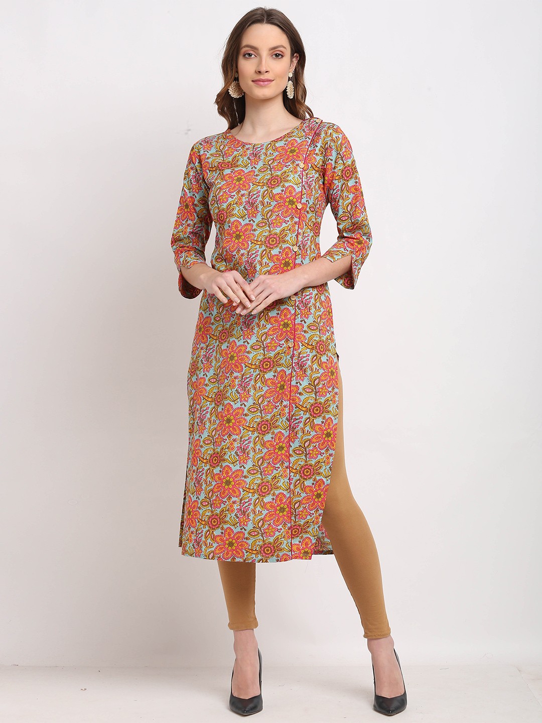 

Rajnandini Women Turquoise Blue & Pink Floral Printed Pure Cotton Kurta