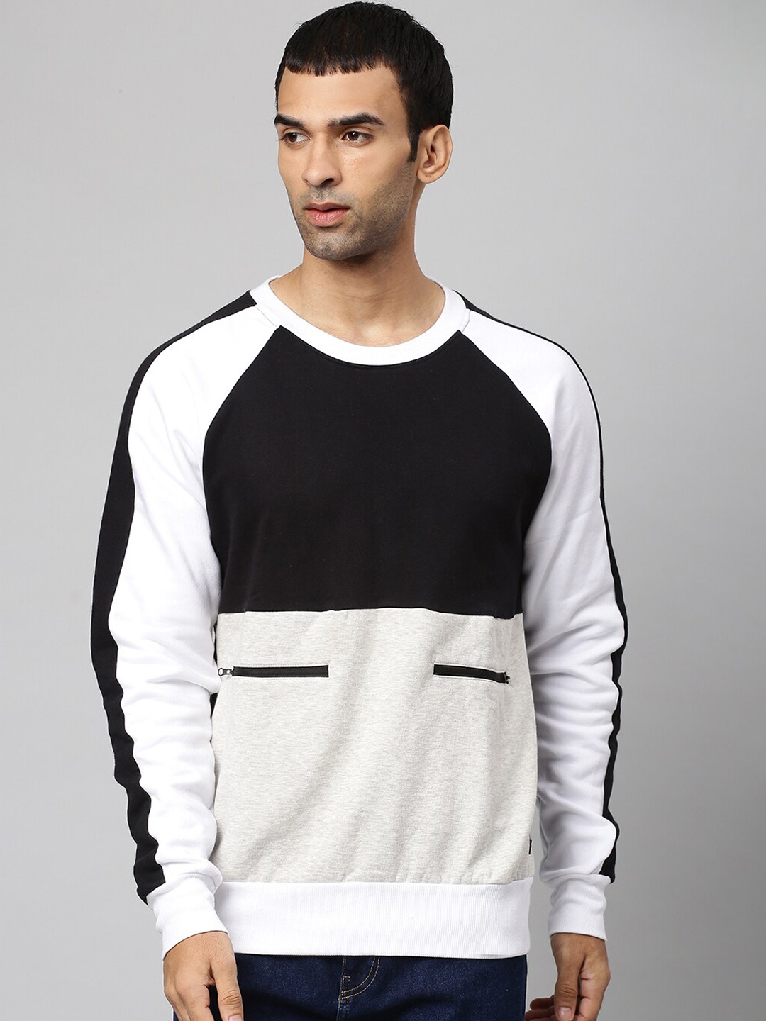 

Campus Sutra Men Black & White Colourblocked Cotton Sweatshirt