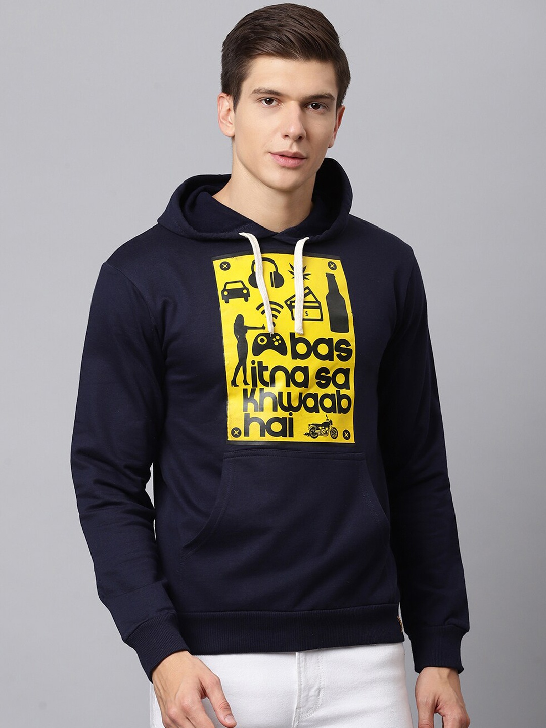 

Campus Sutra Men Blue Printed Hooded Cotton Sweatshirt