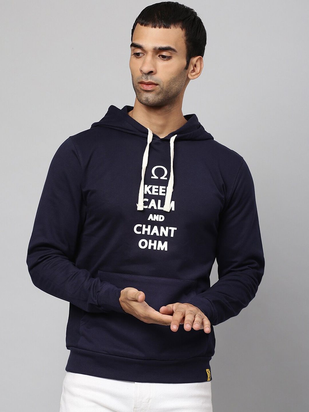 

Campus Sutra Men Blue Printed Hooded Cotton Sweatshirt