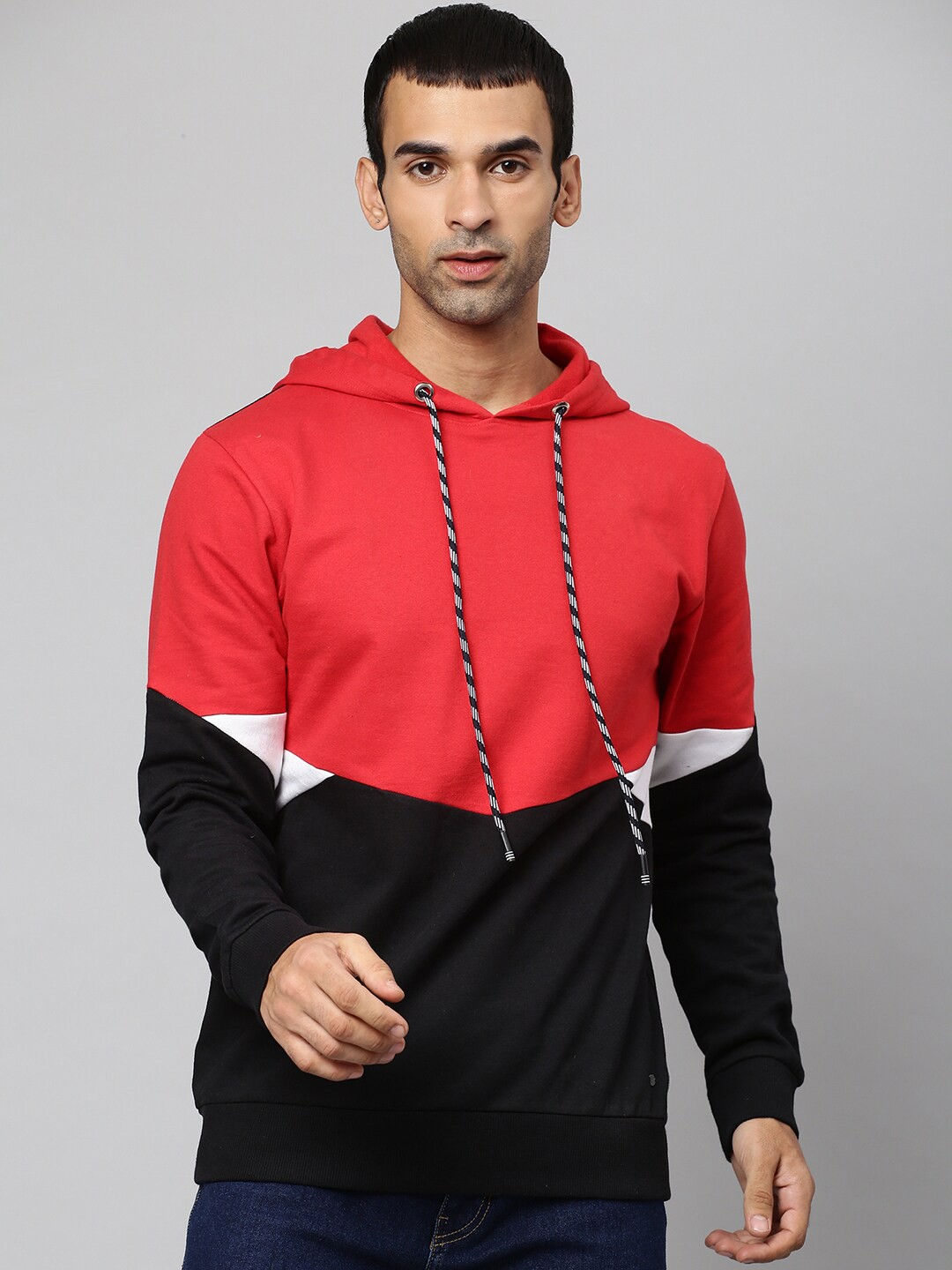

Campus Sutra Men Red & Black Colourblocked Hooded Cotton Sweatshirt