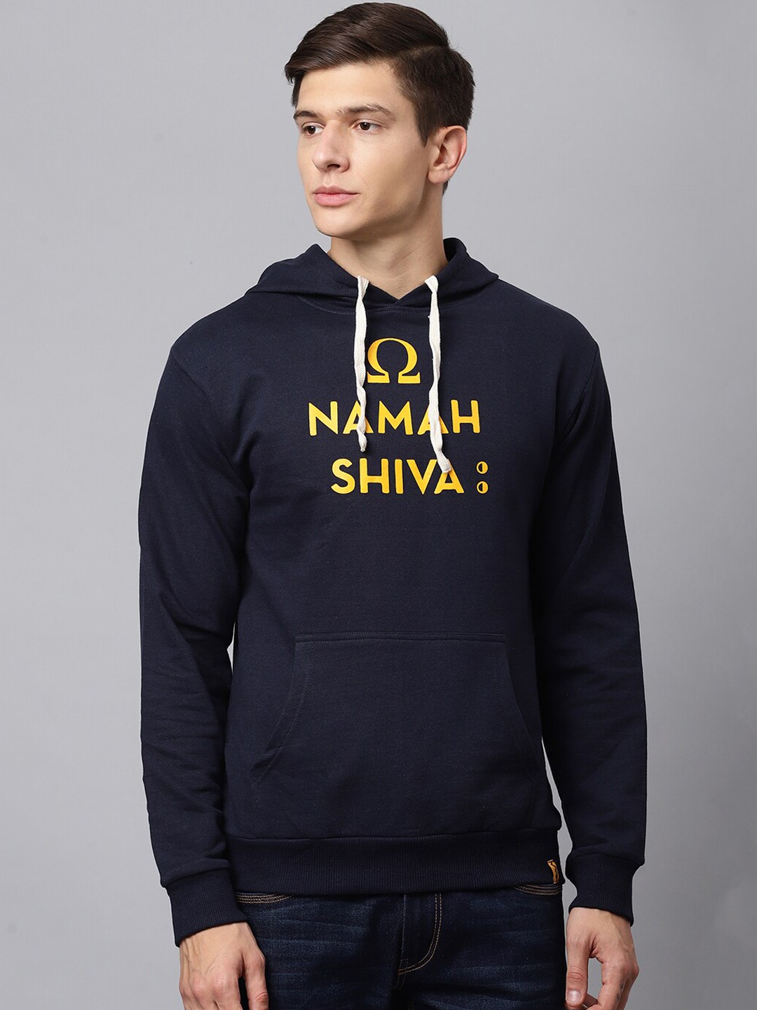 

Campus Sutra Men Navy Blue Hooded Printed Cotton Sweatshirt
