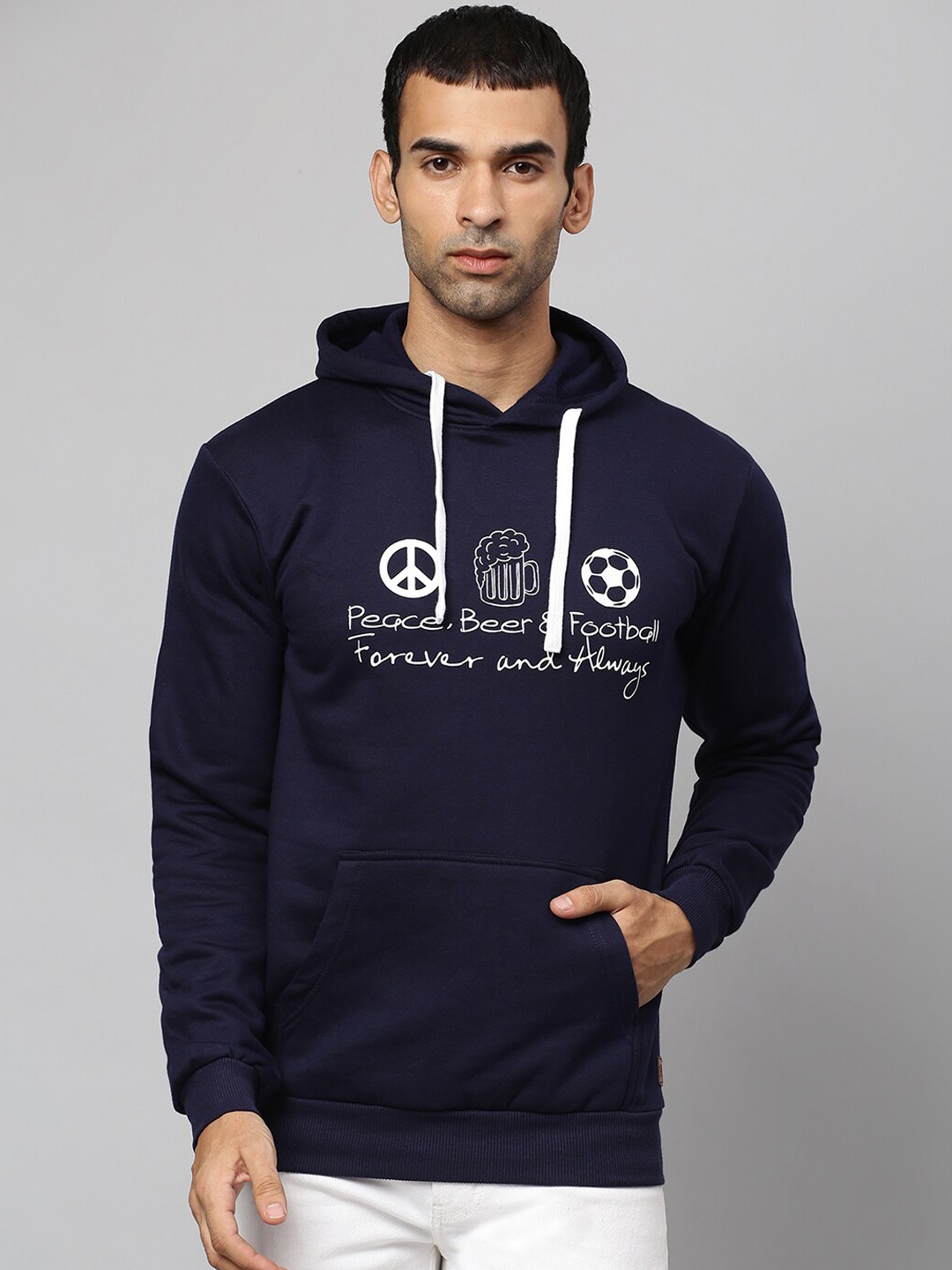 

Campus Sutra Men Navy Blue Printed Hooded Cotton Sweatshirt