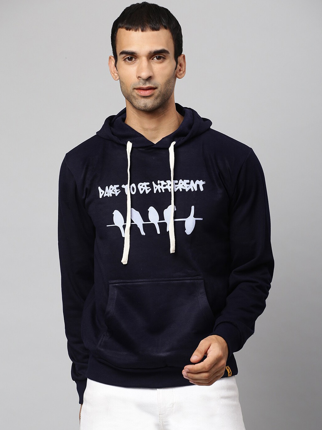 

Campus Sutra Men Navy Blue Printed Hooded Cotton Sweatshirt
