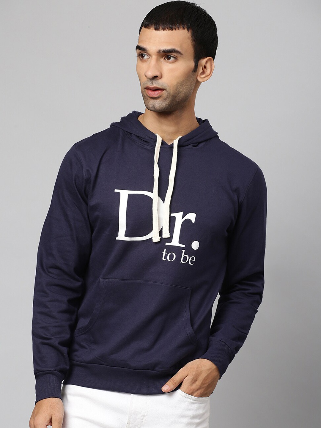 

Campus Sutra Men Navy Blue Printed Hooded Cotton Sweatshirt