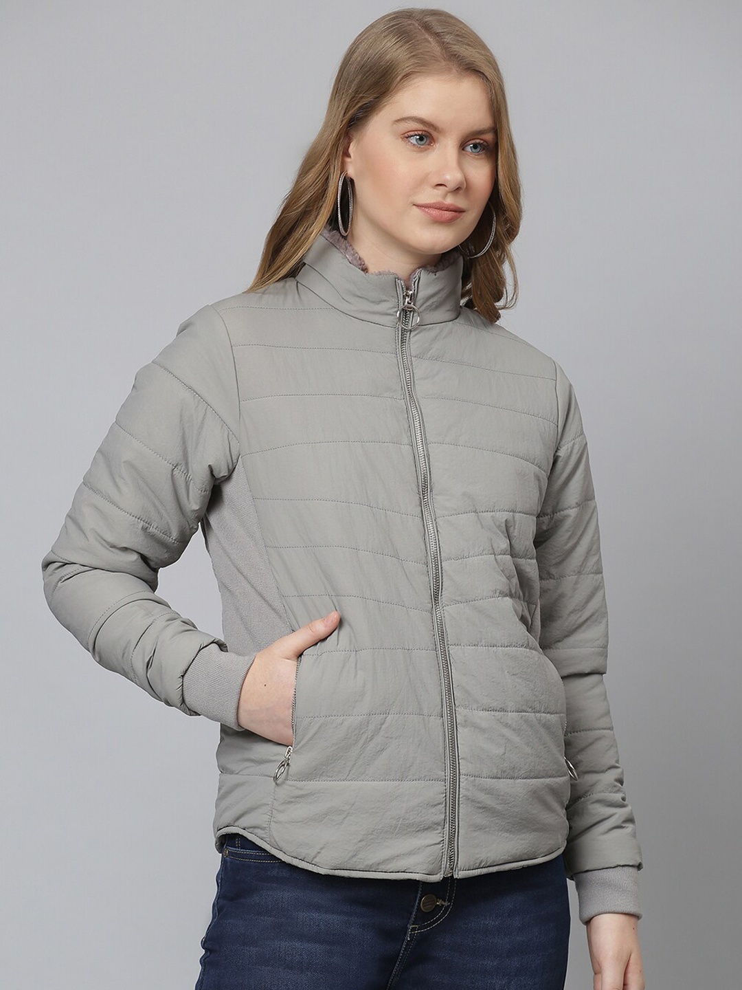 

Campus Sutra Women Grey Checked Windcheater Puffer Jacket with Patchwork