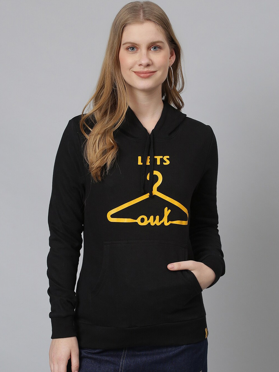 

Campus Sutra Women Black Printed Hooded Sweatshirt