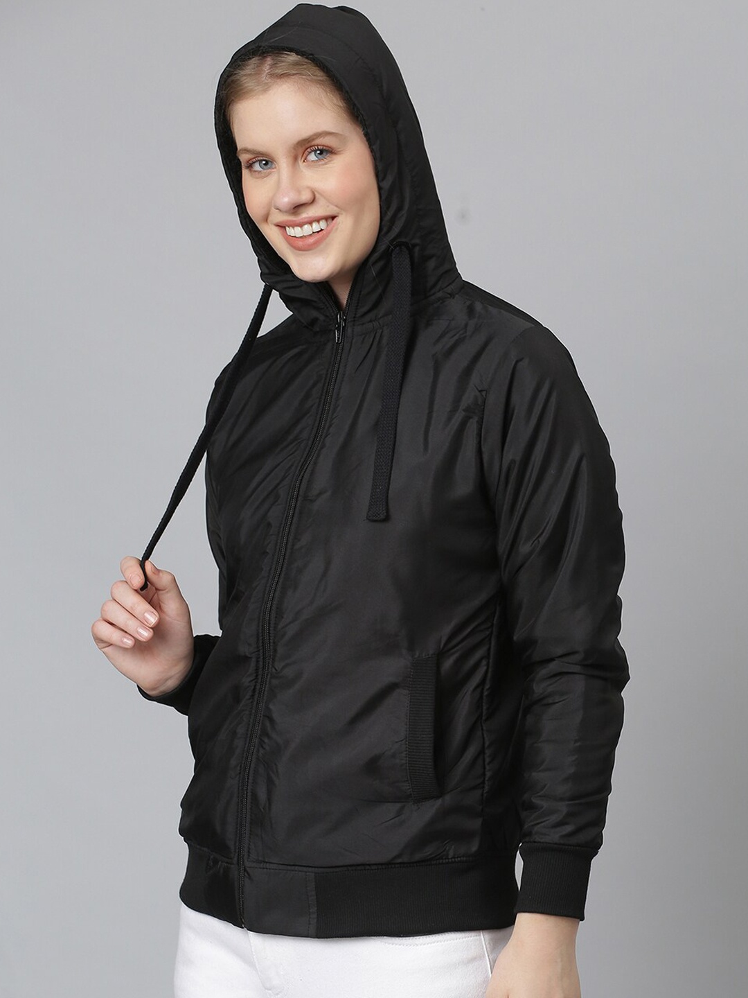 

Campus Sutra Women Black Windcheater Bomber Jacket