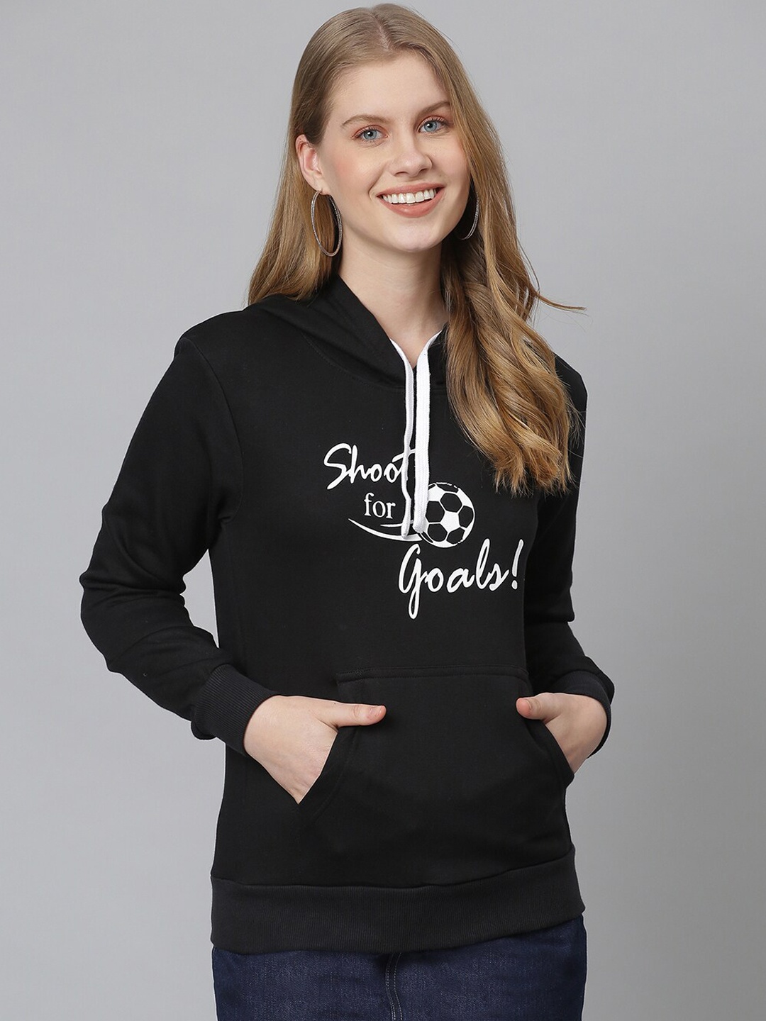 

Campus Sutra Women Black Printed Hooded Sweatshirt