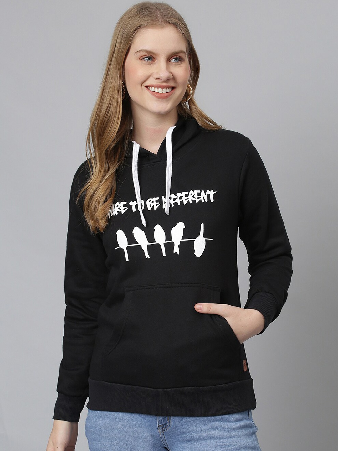 

Campus Sutra Women Black & White Printed Hooded Sweatshirt