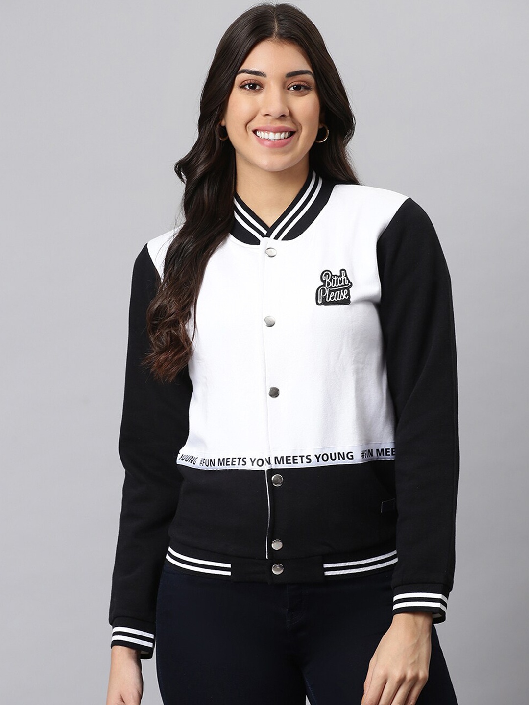 

Campus Sutra Women White & Black Colourblocked Varsity Jacket