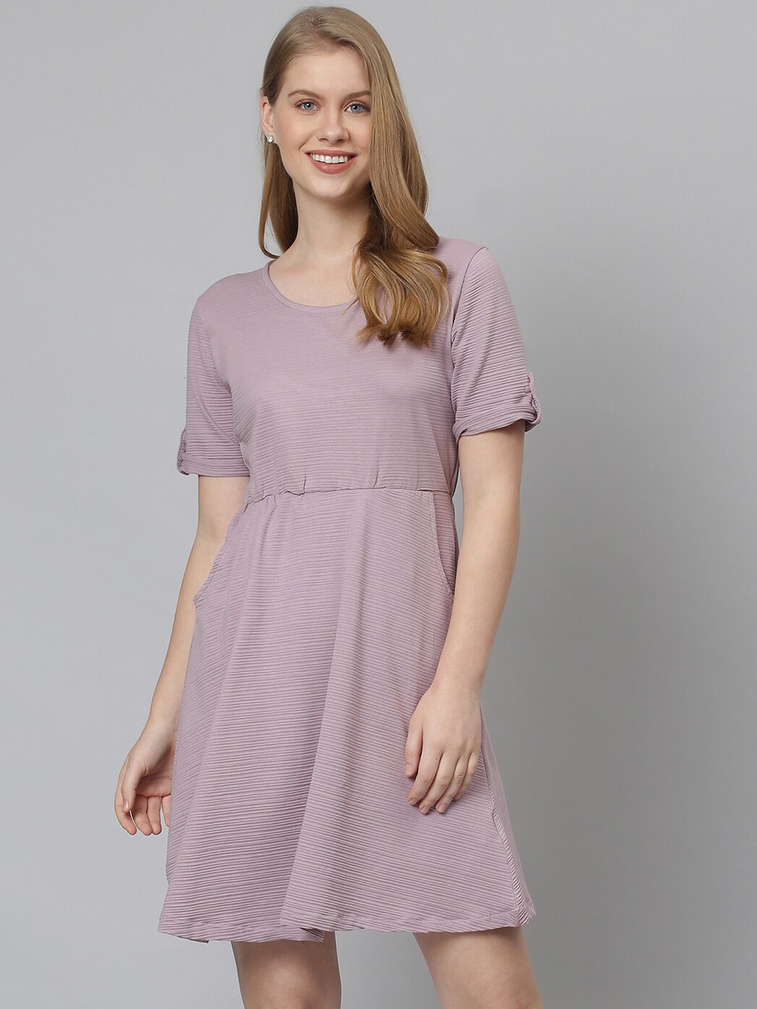 

Campus Sutra Solid Lavender Casual Dress