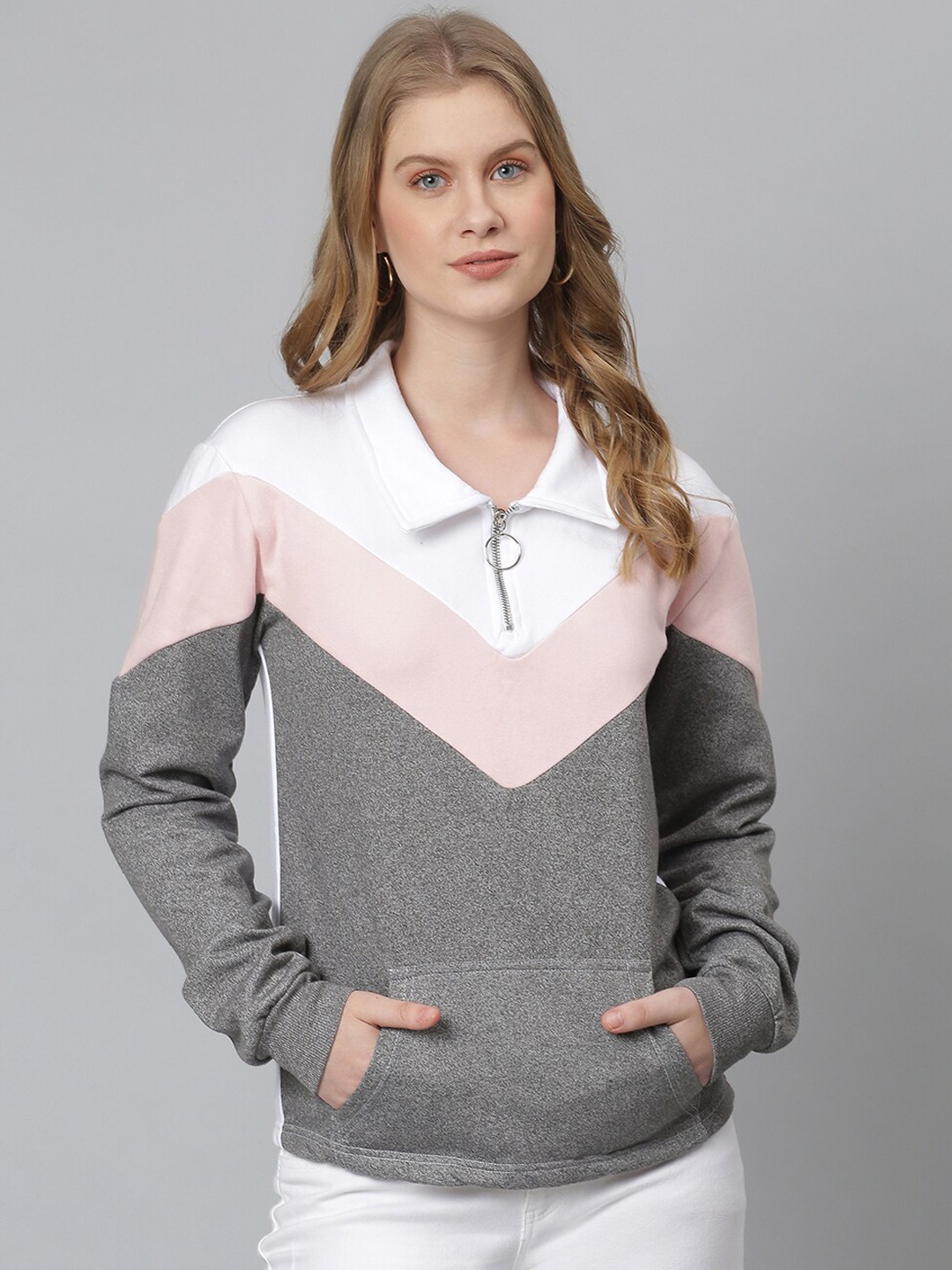 

Campus Sutra Women White & Grey Colourblocked Sweatshirt
