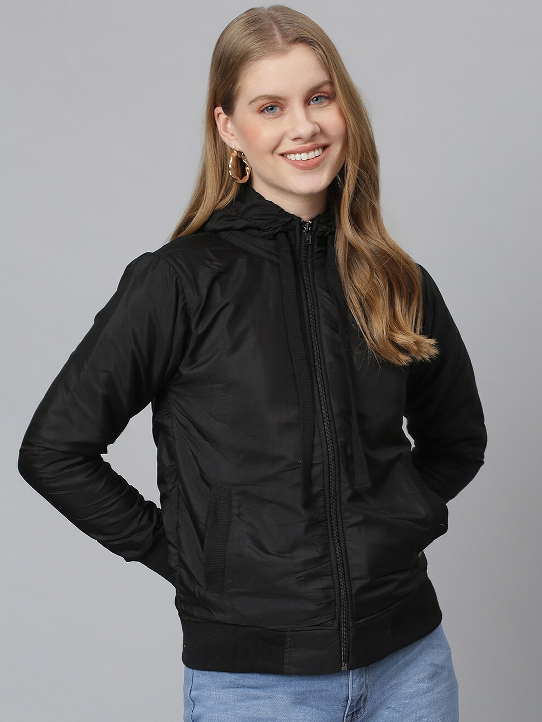 

Campus Sutra Women Black Windcheater Bomber Jacket