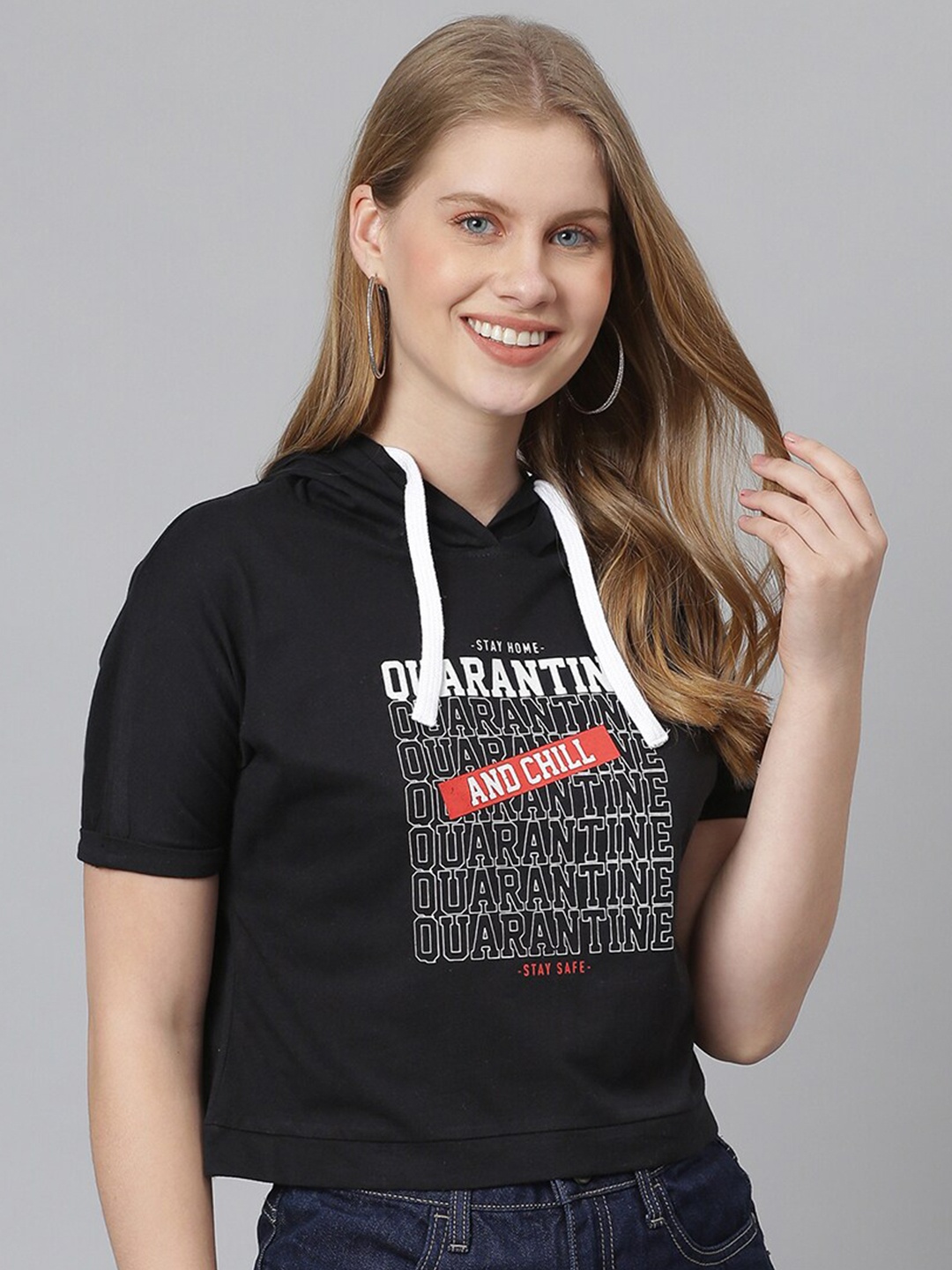 

Campus Sutra Black & White Typography Printed Regular Crop Top