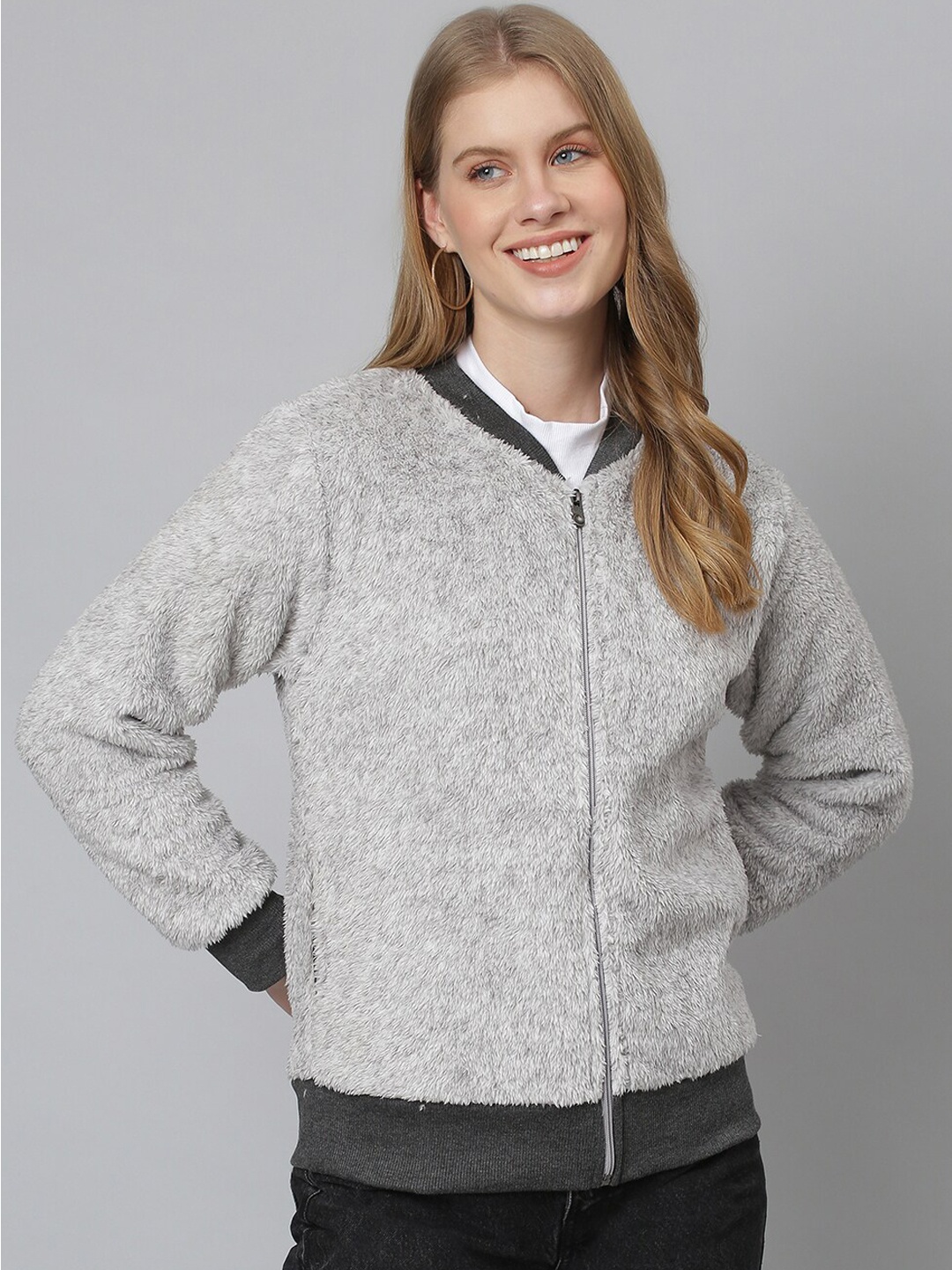 

Campus Sutra Women Grey Windcheater Bomber Jacket