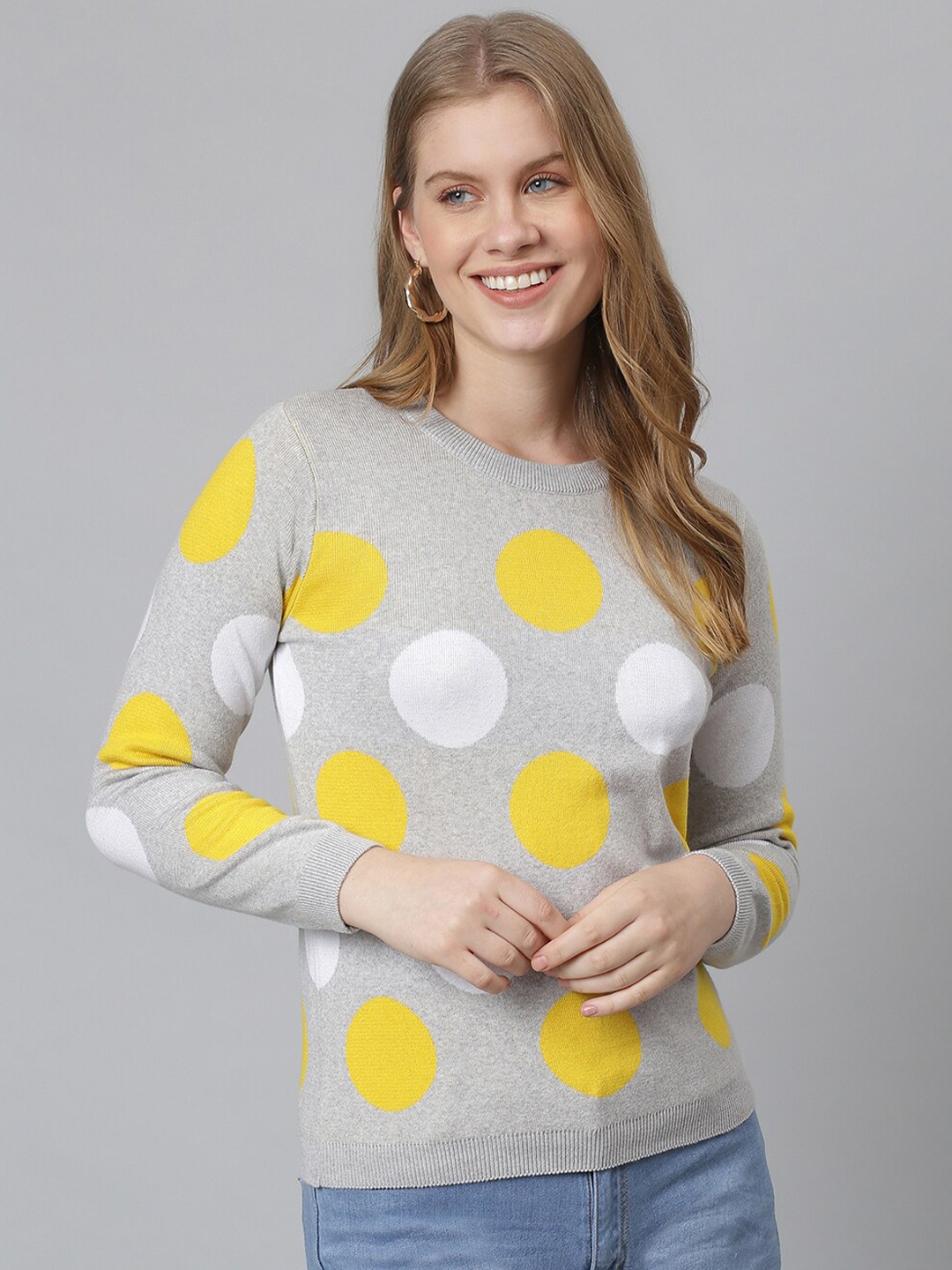 

Campus Sutra Women Grey & Yellow Geometric Printed Pullover