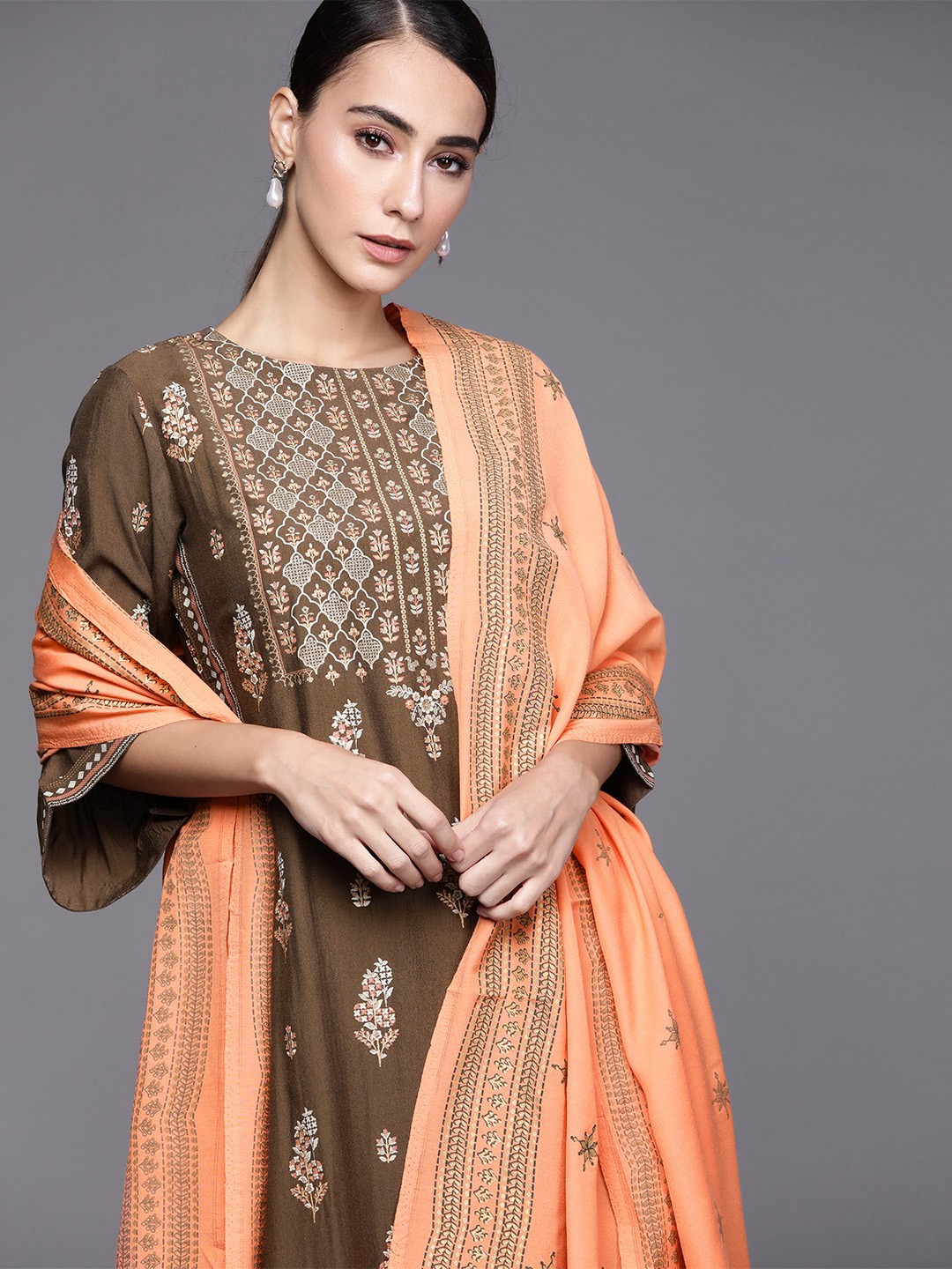 

Libas Women Floral Printed Regular Kurta with Palazzos & With Dupatta, Olive
