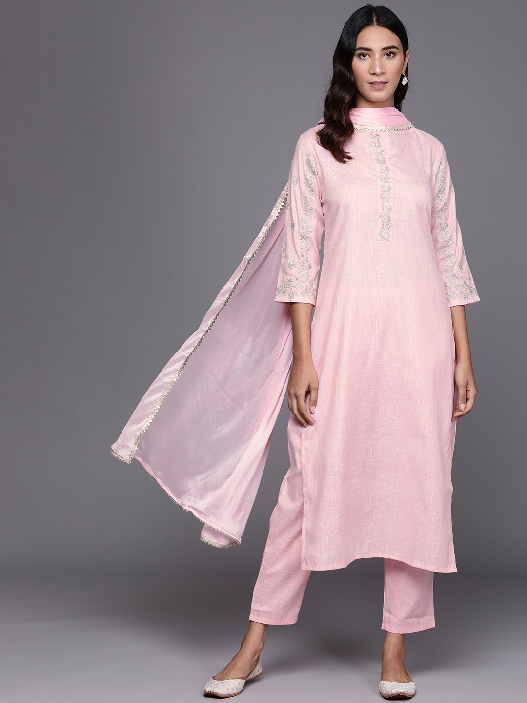 

Libas Women Pink Ethnic Motifs Embroidered Pure Cotton Kurta with Trousers & Dupatta