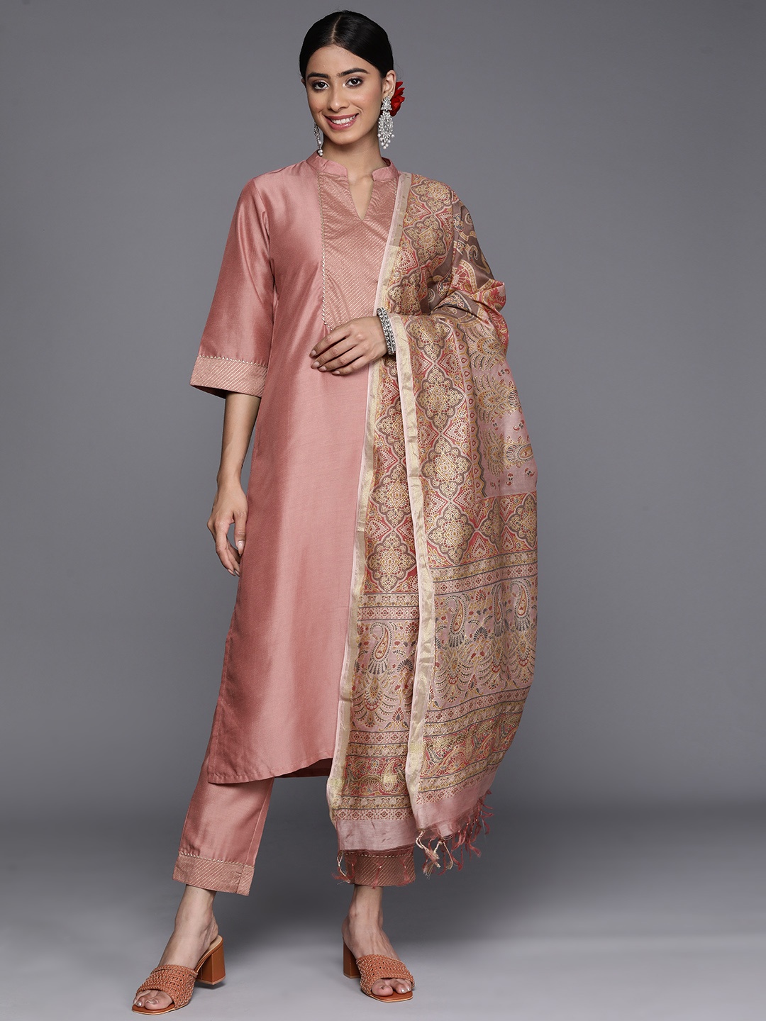 

Libas Yoke Design Regular Gotta Patti Kurta With Trousers & Dupatta, Pink