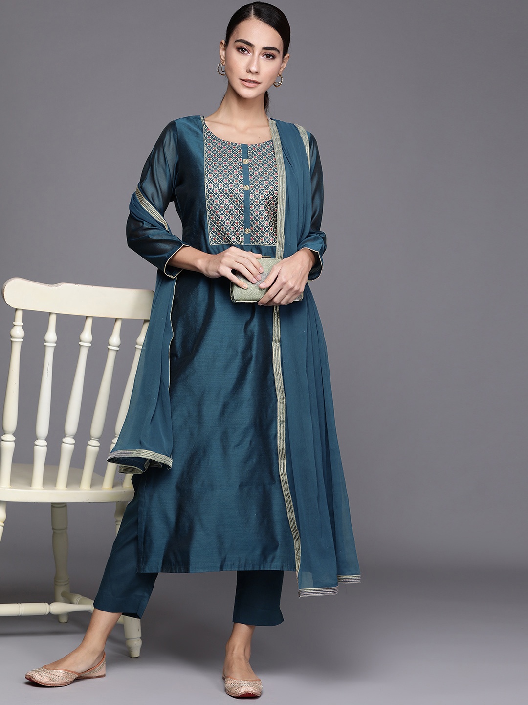 

Libas Women Teal Blue & Golden Yoke Design Kurta with Trousers & Dupatta