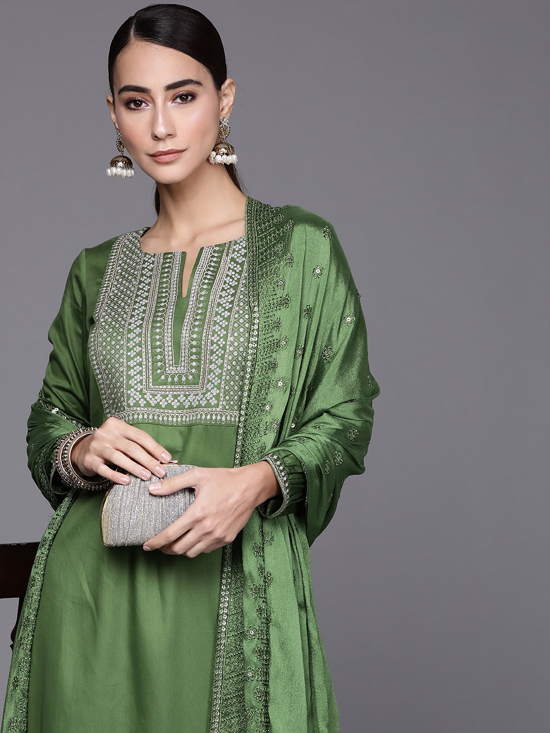 

Libas Women Green Ethnic Motifs Yoke Design Regular Kurta with Palazzos & Dupatta