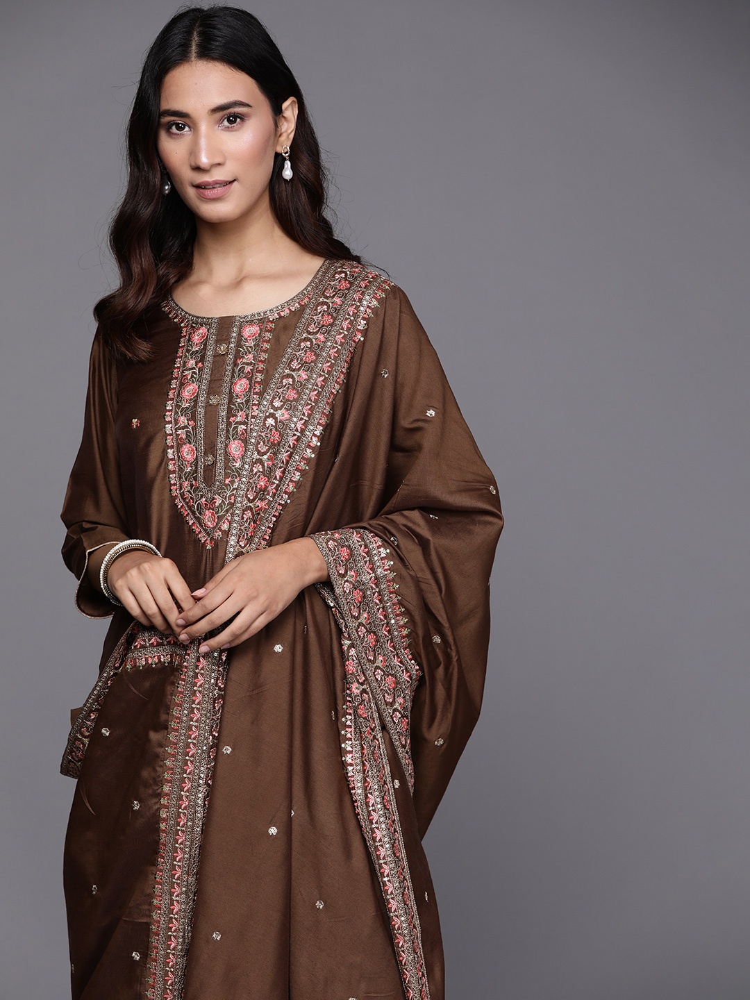 

Libas Women Brown Floral Yoke Design Regular Chanderi Silk Kurta with Palazzos & With Dupatta