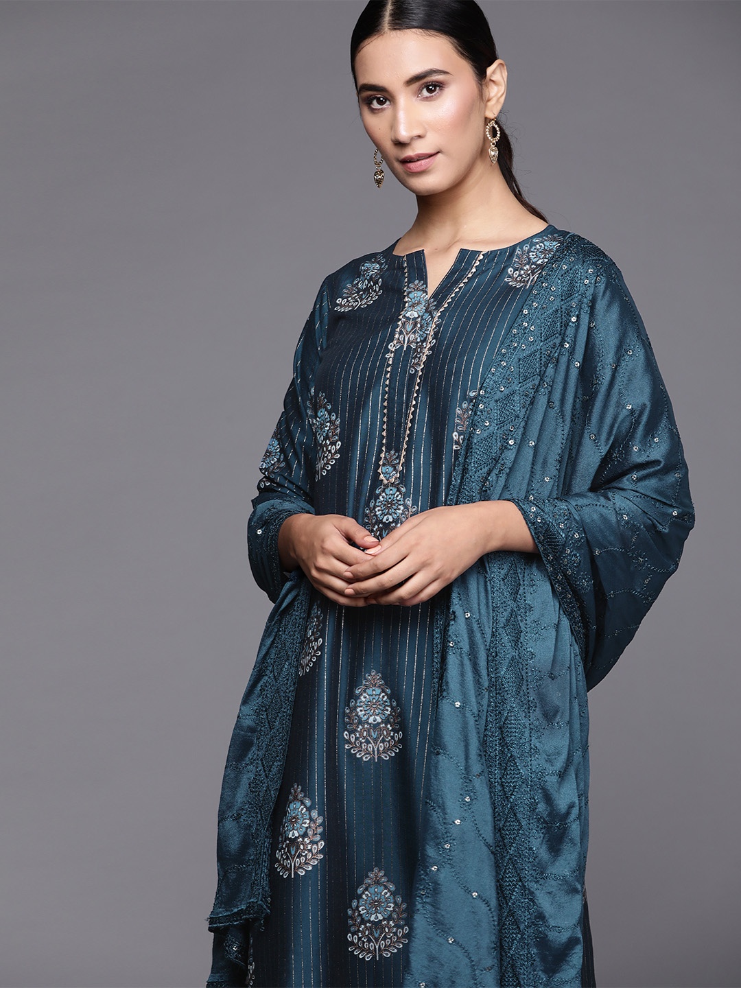 

Libas Women Teal Blue & Golden Ethnic Motifs Printed Kurta with Palazzos & Dupatta