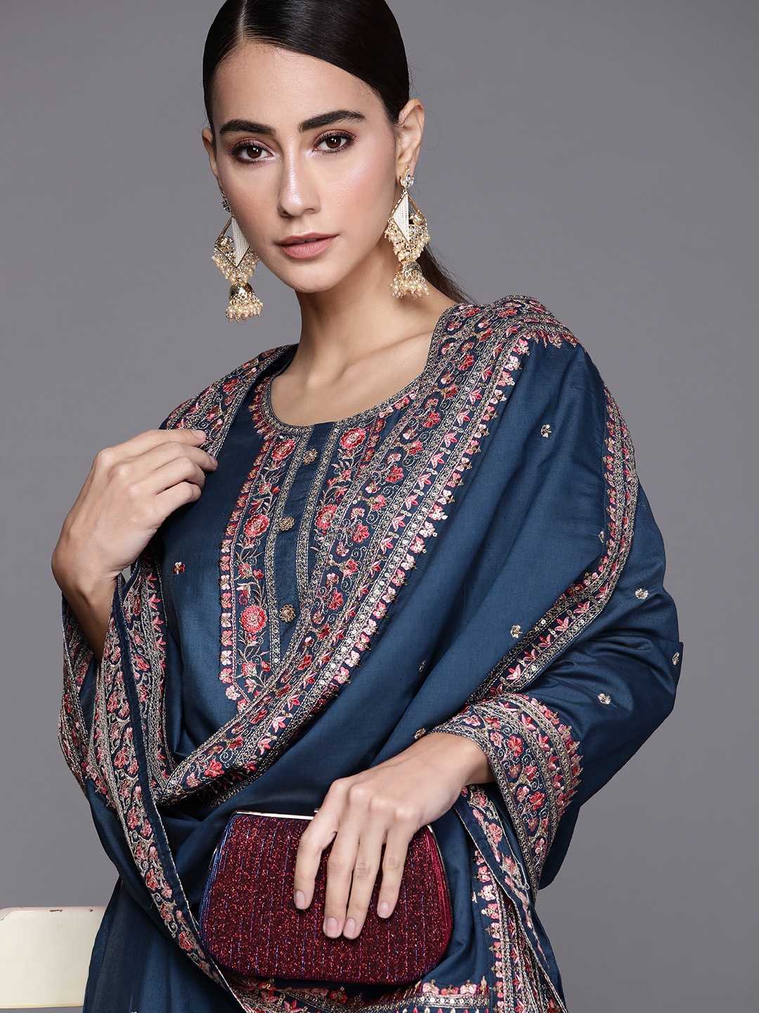 

Libas Women Blue Ethnic Motifs Embroidered Chanderi Silk Kurta with Palazzos & Dupatta