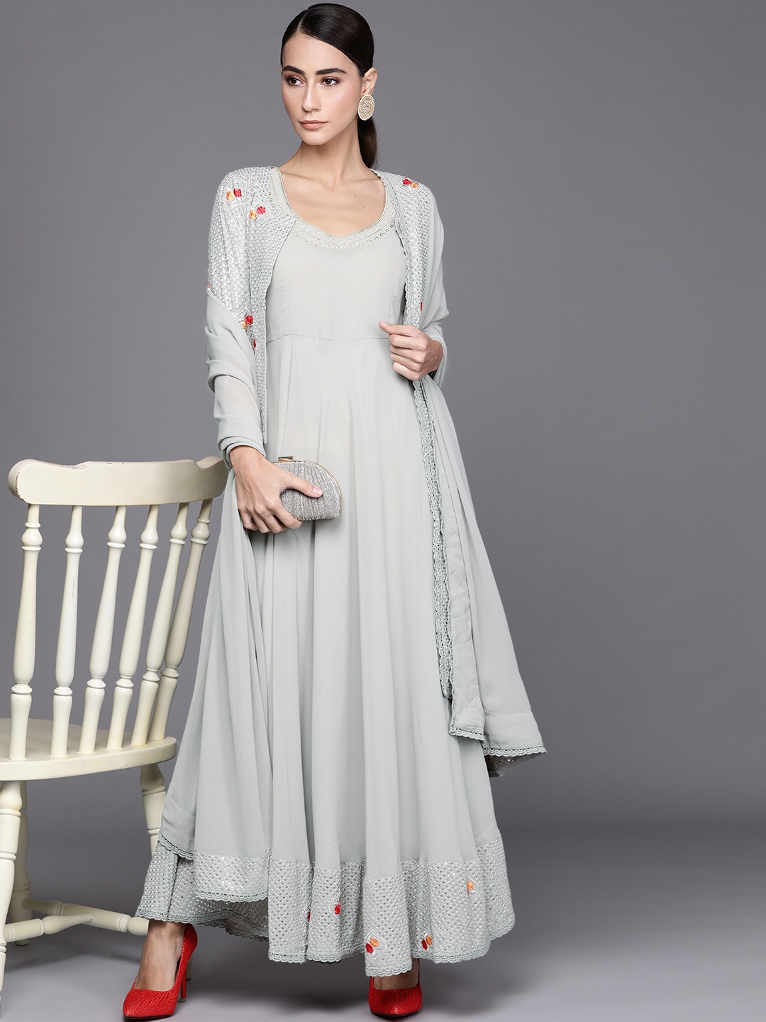 

Libas Grey Floral Embroidered Ethnic A-Line Maxi Dress