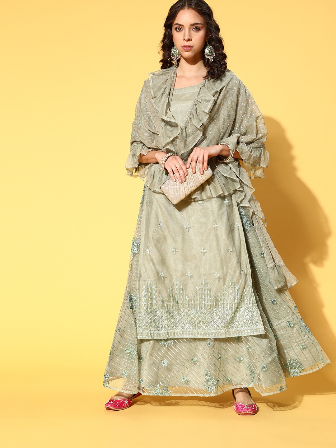 

Libas Women Green Embroidered Regular Kurta with Skirt & With Dupatta