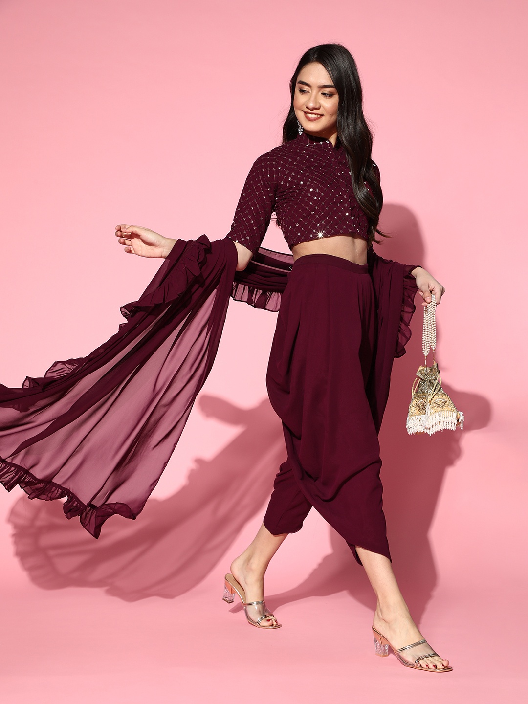

Libas Burgundy Solid Saree with Embellished Blouse