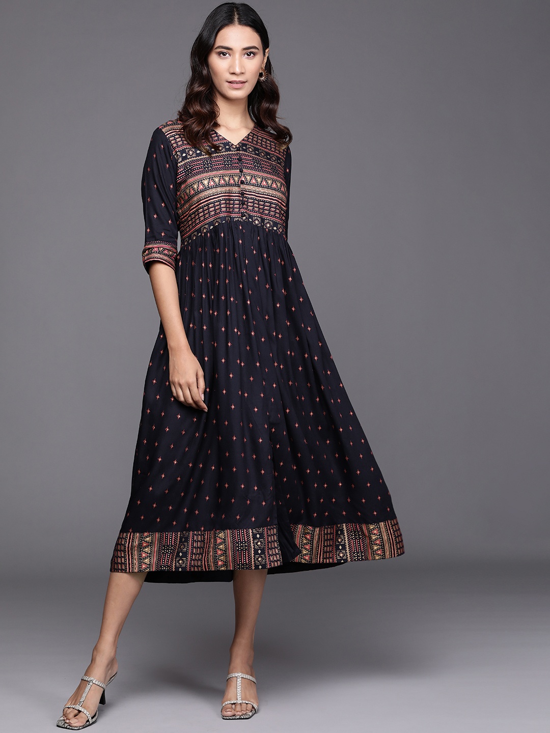 

Libas Navy Blue & Beige Ethnic Motifs Print Fit & Flare Dress