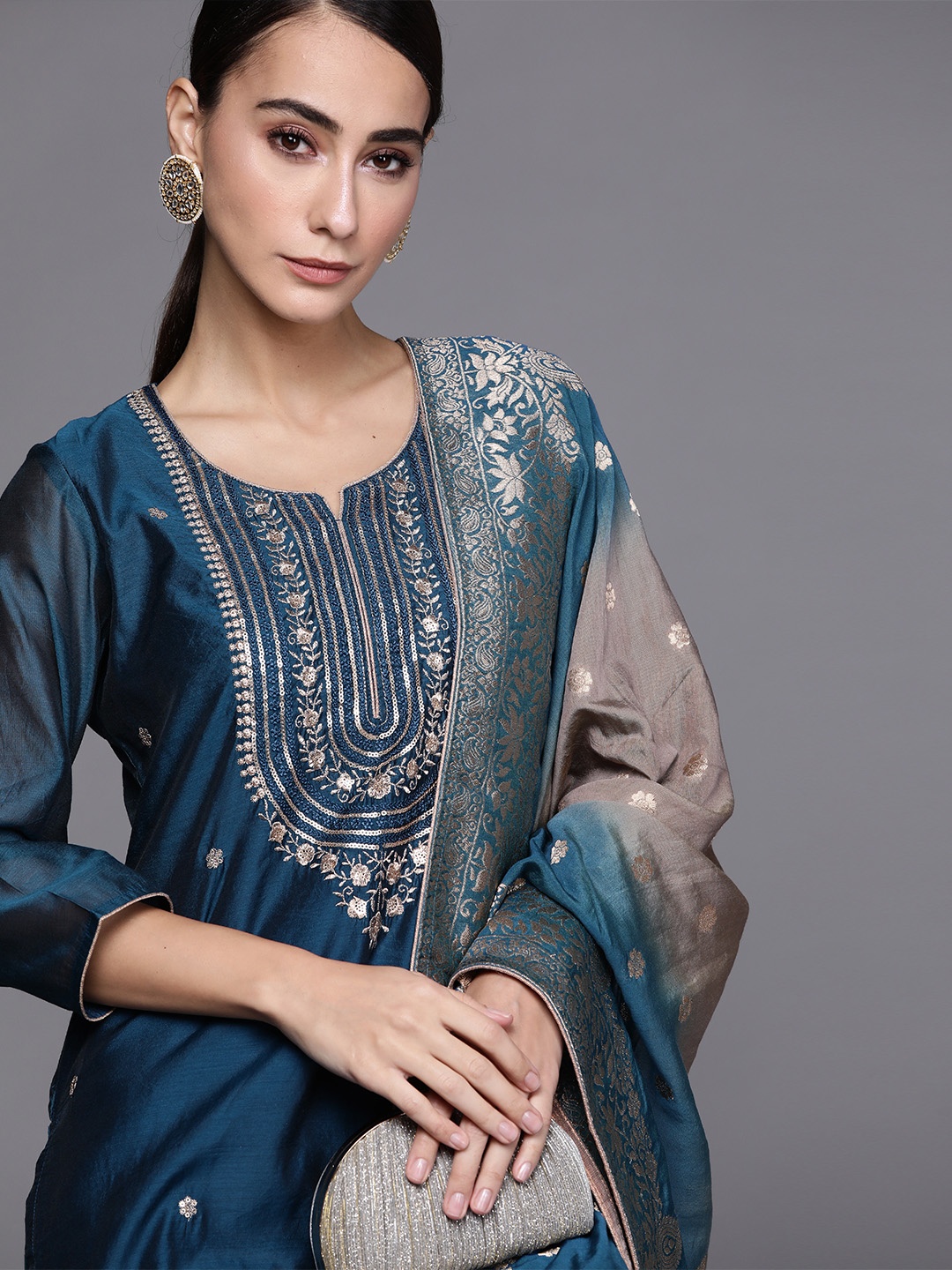 

Libas Women Teal Blue Embroidered Sequinned Chanderi Silk Kurta with Trousers & Dupatta