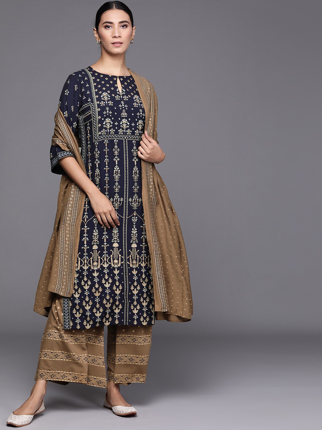 

Libas Women Navy Blue & Khaki Ethnic Motifs Printed Kurta with Palazzos & Dupatta