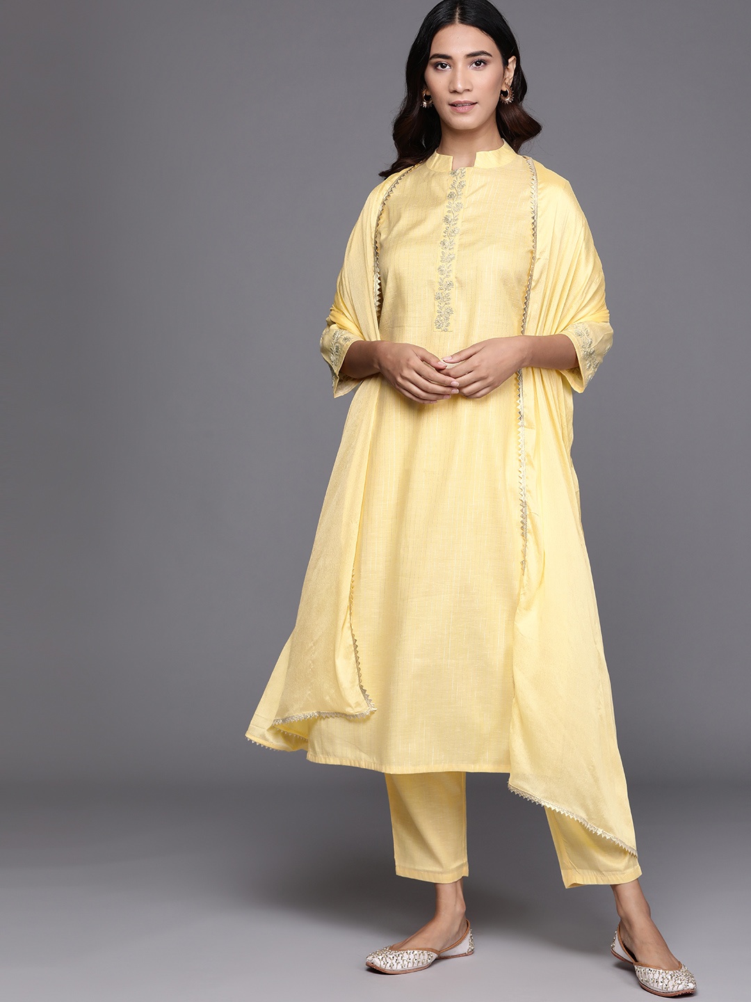 

Libas Women Yellow Striped Pure Cotton Kurta with Trousers & Dupatta