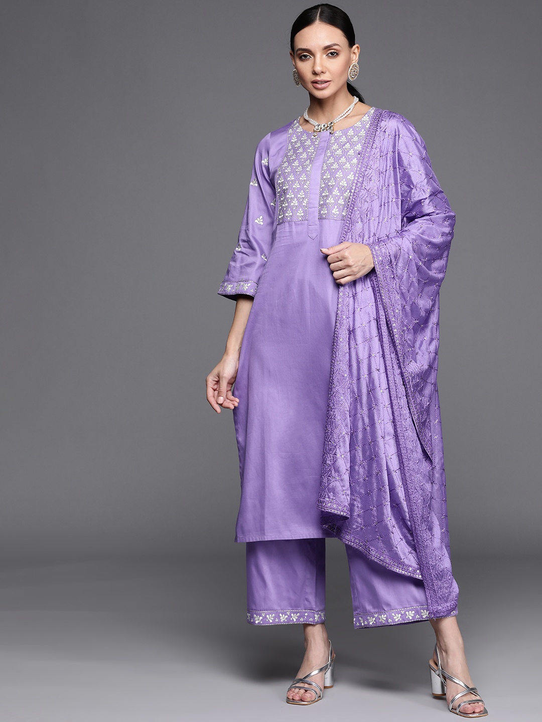 

Libas Women Lavender & White Ethnic Yoke Design Straight Kurta with Palazzos & Dupatta