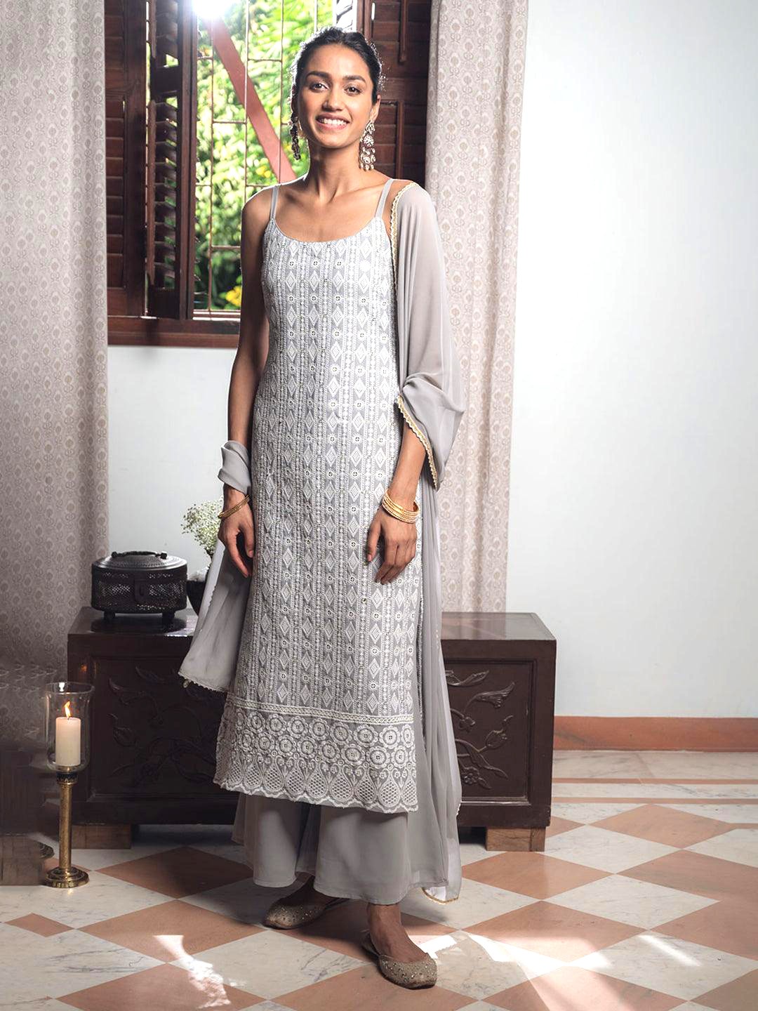 

Libas Women Grey & White Ethnic Embroidered Regular Straight Kurta with Palazzos & Dupatta