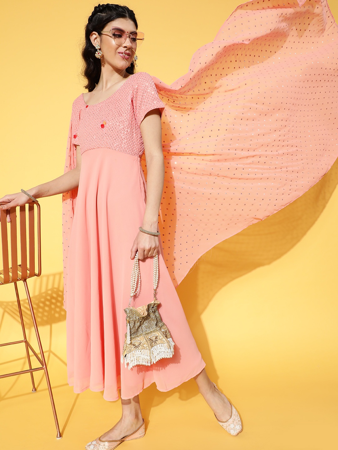 

Libas Pink Floral Embroidered Maxi Dress With Embellished Dupatta