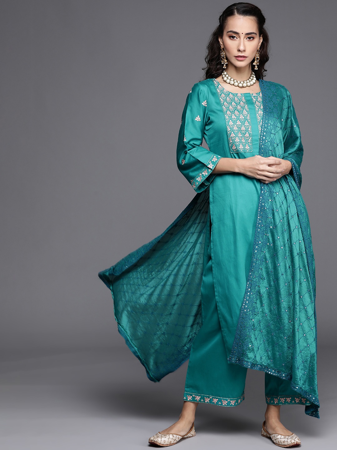 

Libas Women Teal Green & Pink Ethnic Motifs Yoke Design Kurta with Palazzos & Dupatta