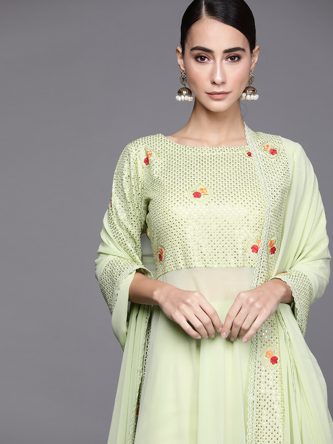 

Libas Women Green Floral Yoke Design Regular Kurta with Palazzos & With Dupatta