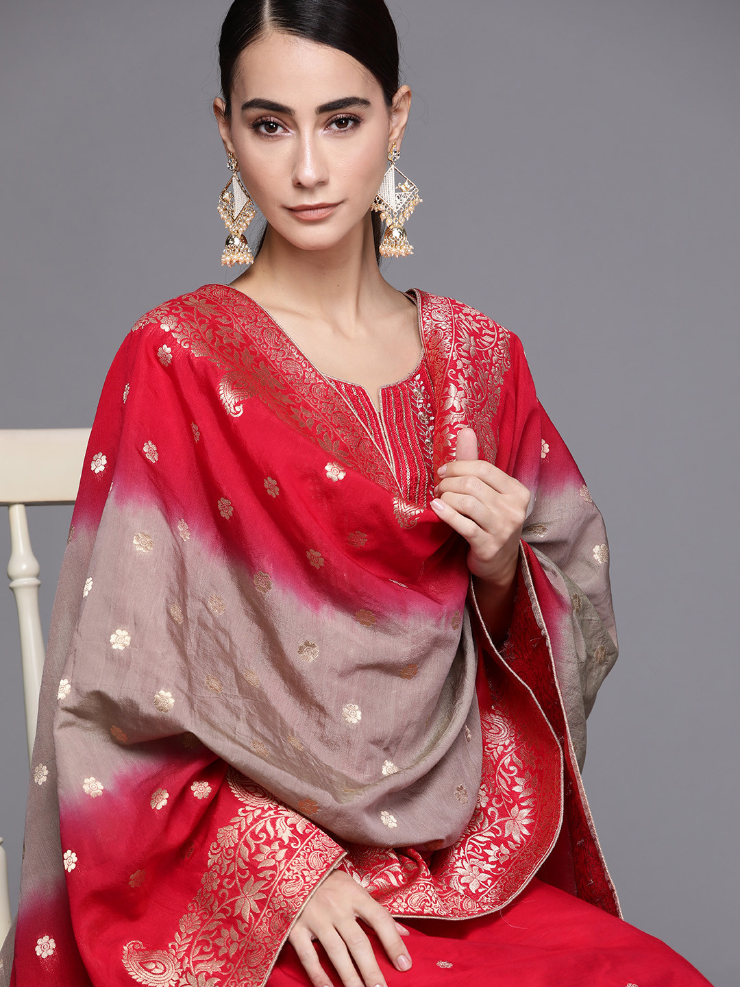 

Libas Women Red Embroidered Sequinned Chanderi Silk Kurta with Trousers & Dupatta