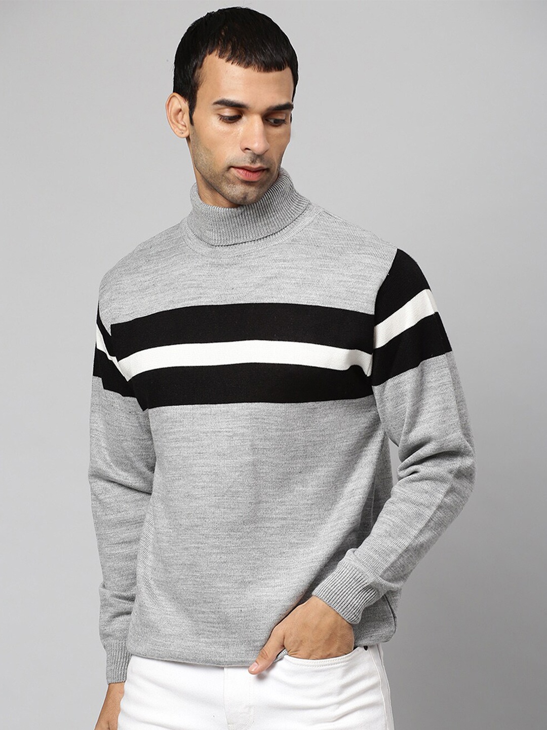 

Campus Sutra Men Grey Melange & Black Striped Pullover