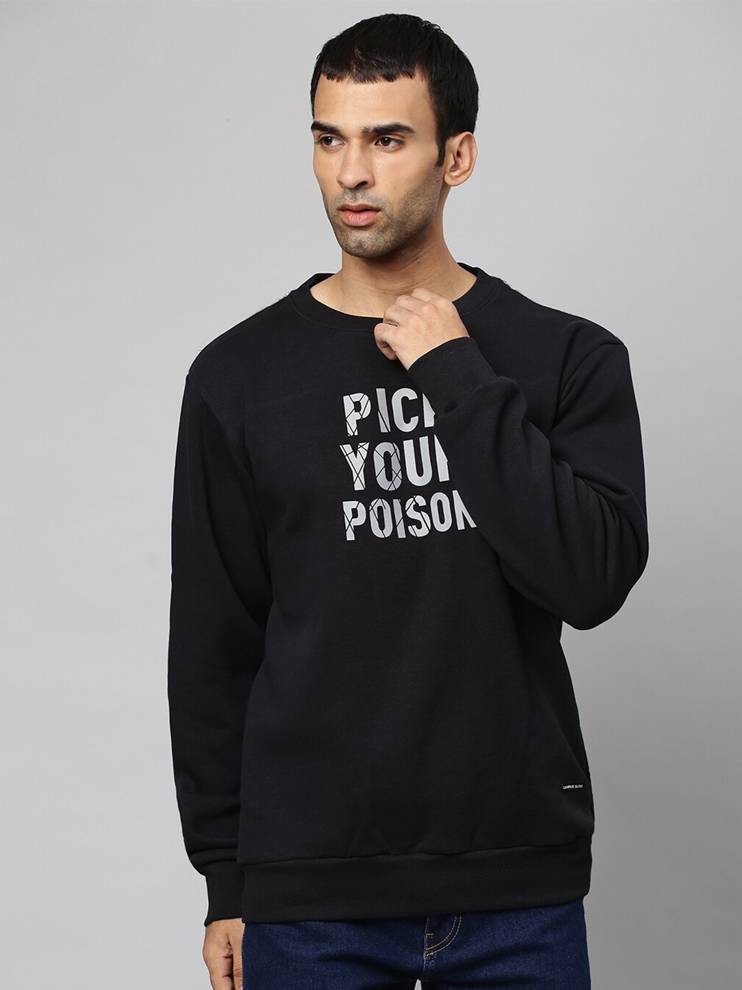 

Campus Sutra Men Black & Grey Typography Printed Pullover