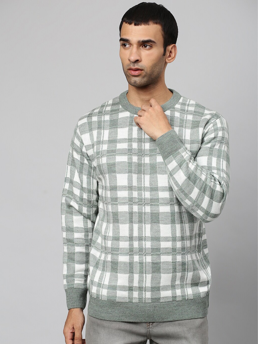 

Campus Sutra Men Off White & Grey Checked Pullover
