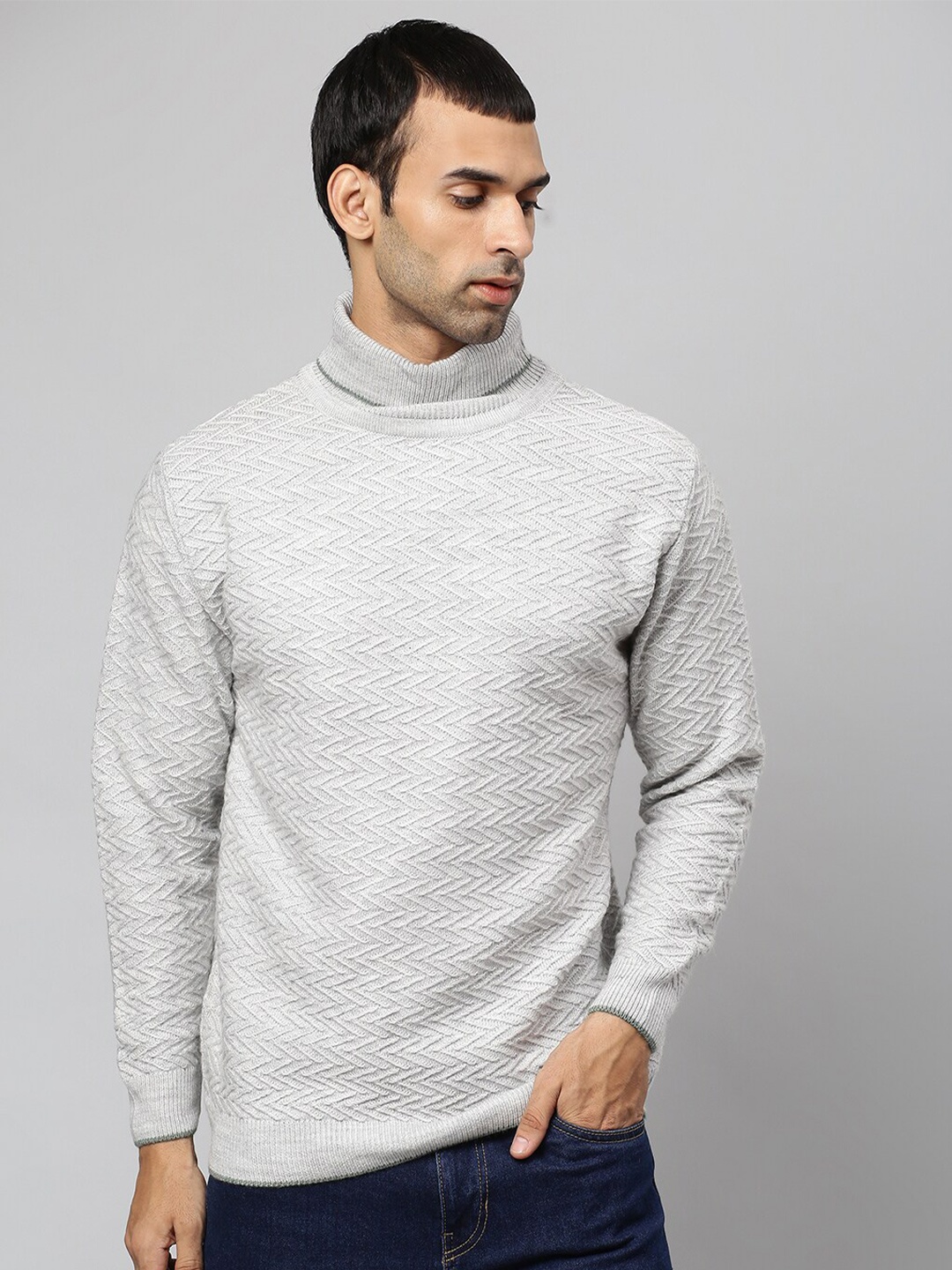 

Campus Sutra Men Grey Cable Knit Pullover