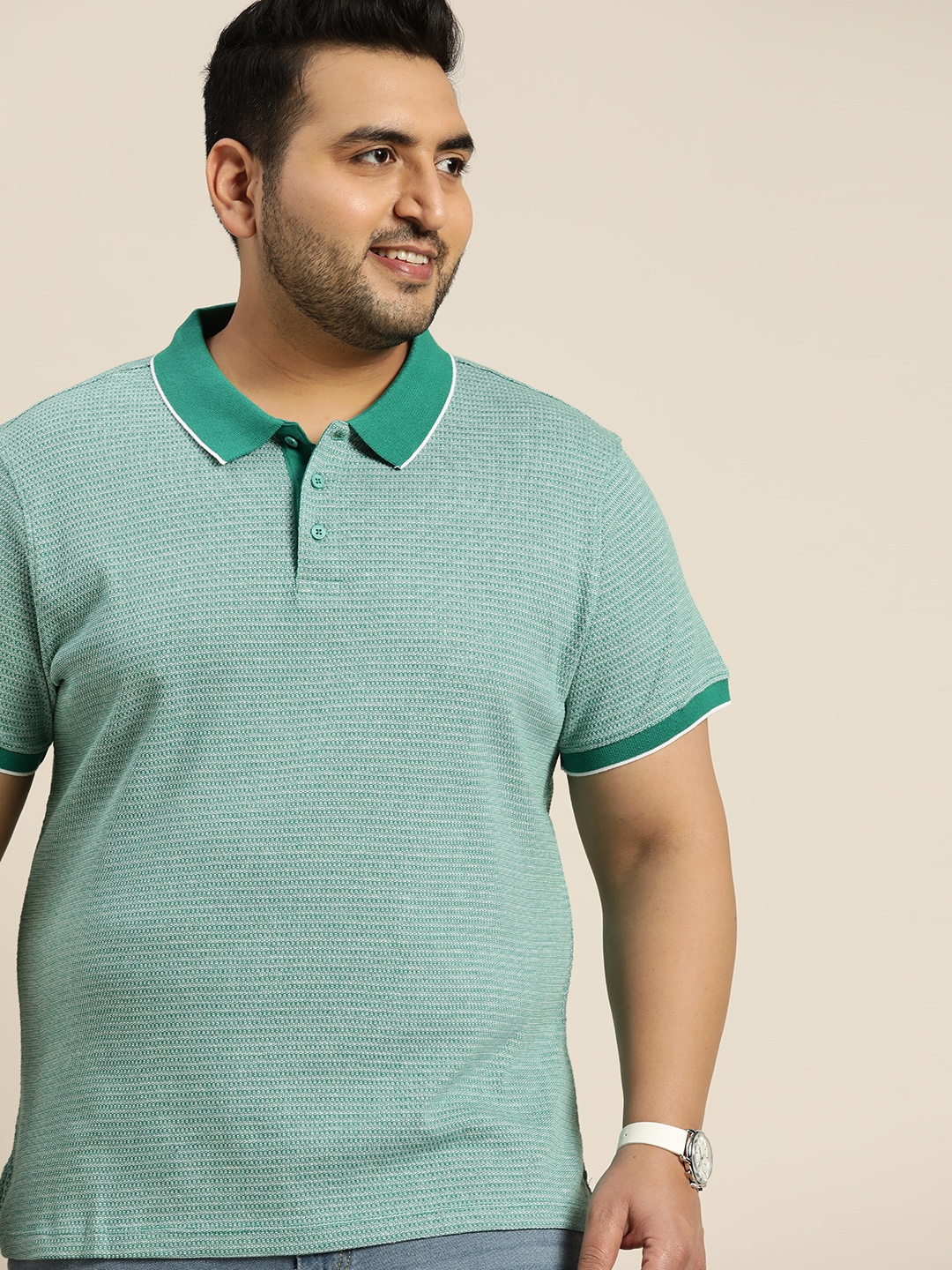 

Sztori Men Plus Size Green Polo Collar Self-Design Pure Cotton T-shirt